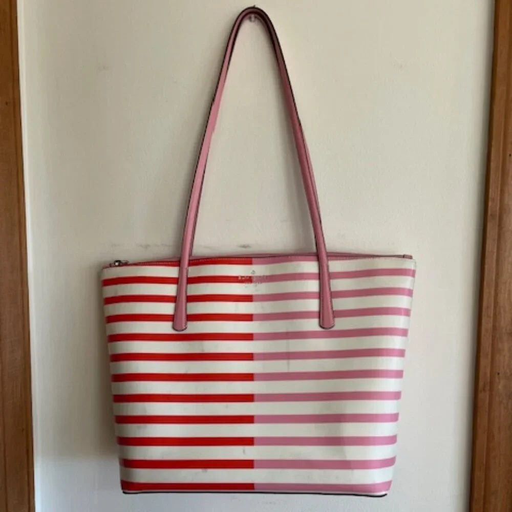 KATE SPADE New York Zina Red Pink White Stripe Large Coated Canvas Tote …